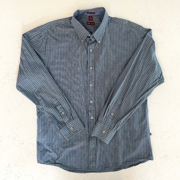 Izod Slim Fit Casual Button Down Lg Slv Check Cotton Shirt Navy + Green Sz L - Picture 1 of 12